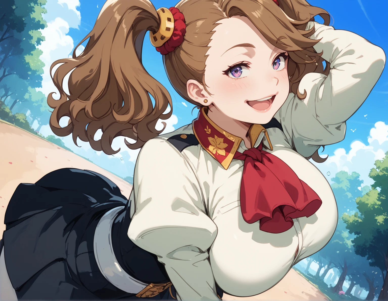 (Muffet:1.3), beautiful,masterpiece, (smir),((gigantic breasts)),smile,best quality, (Serena outfit ), outdoors,sunny,(1girl:1.3), thighhighs, wide hips, loose top, teen girl, hyper realistic, bending forward, solid top, boob window, Slutty , slutty expression