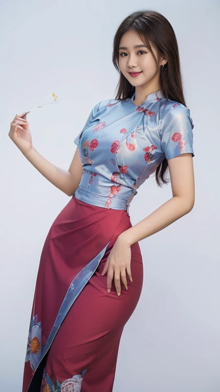 Half body portrait, 8k , plae skin asian ( korea+ Burmese)mixed girl , wearing red dress and diamond necklace and ,acmm ss outfit, wearing acmm top, light purple acmm top, short sleeves, buttons, wearing acmm long skirt, white and pink with printed acmm long skirt ; wearing Burmese thanakha(Burmese make-up)