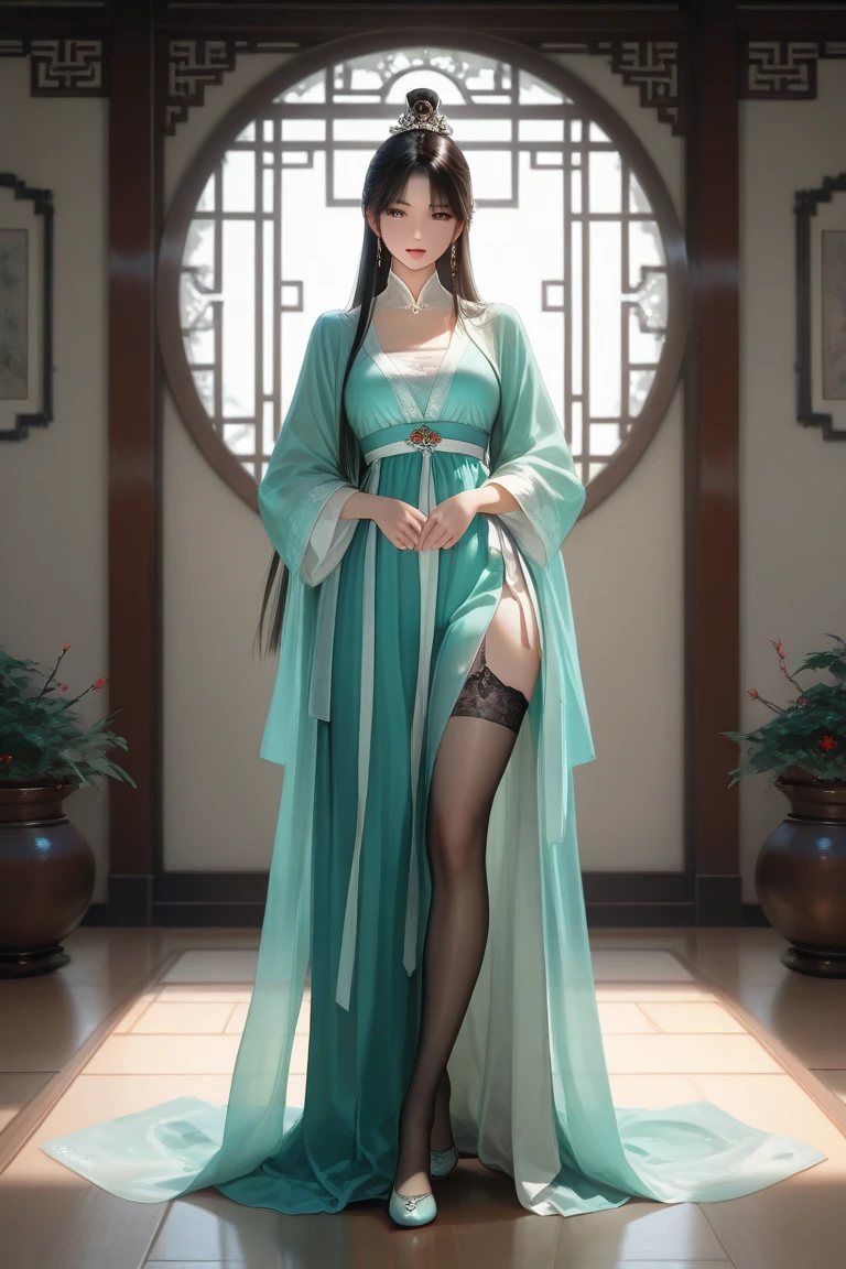 A sexy female model standing in an unreal space, 4k, silk hanfu, thong crystal heels, delicate skin, long legs, tall figure, movie lights, full body