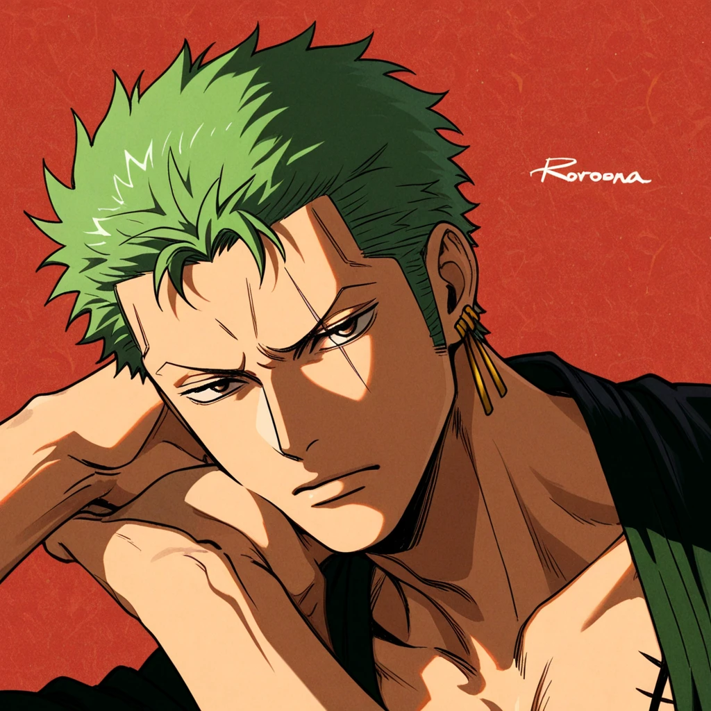 score_9, score_8_up, score_7_up, score_6_up, score_5_up, score_4_up, Roronoa Zoro,  purpl3gl0w, red eyes, red background, 1boy, dark