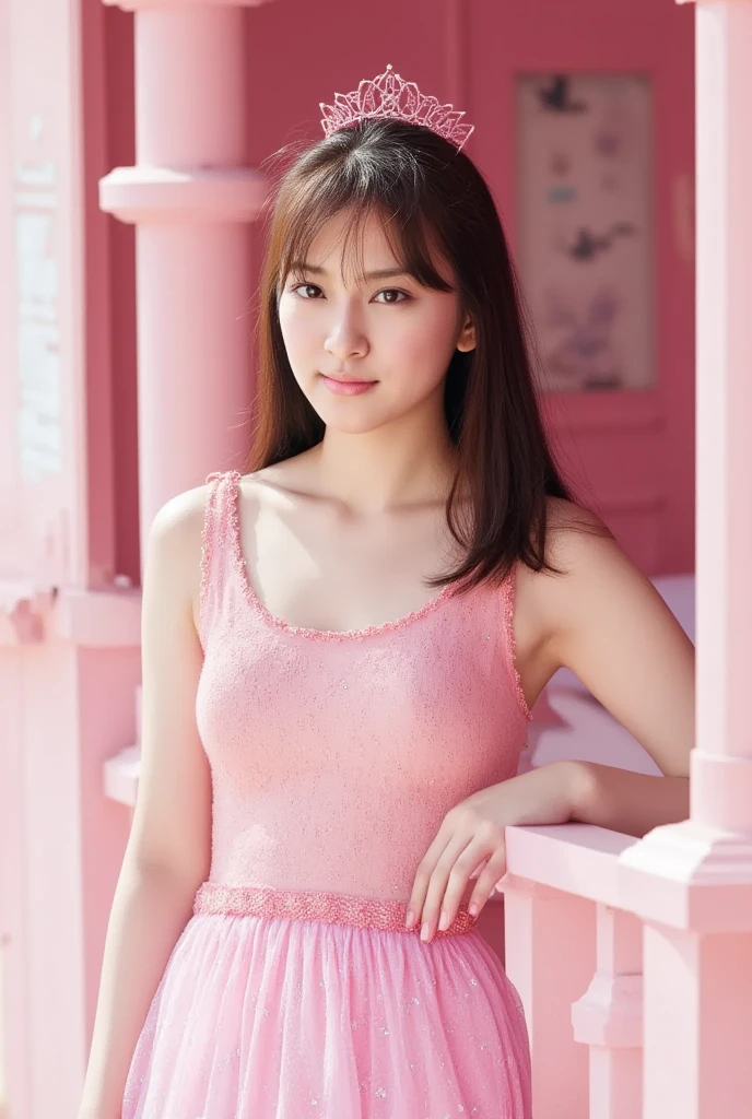 Medium display, Medium Shot, Written boundary depth, Photograph the whole body, Movie angle, masterpiece, highest quality, Very detailed, CG, 8k wallpaper, Beautiful Face, Delicate eyes, Otome, alone, smile, bangs, have,Pink dot pattern dress, bouquet、High heels