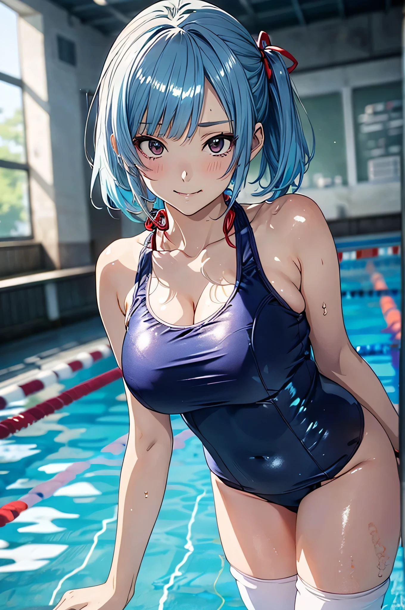 anime girl sitting on a bench with her legs crossed, wearing a swimming wear, swimsuit, Chic, seductive anime girls, next to a pool, In pixiv, (Anime Girl), swimming uniforms, beautiful anime girl squatting, asuka suit under clothes!, Wet swimsuit, wearing leotard, cute girl wearing tank suit, pixiv