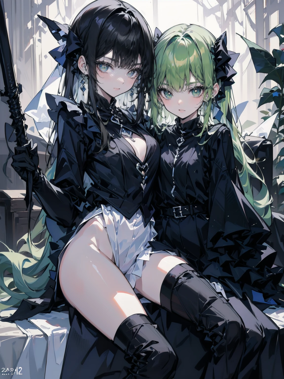 Very detailed、Highest quality、Best image quality、masterpiece、8k、(Two women standing side by side:1.5、Two women hugging each other)、(shoulder-length green hair、Medium Long Hair)、(smile、Open Mouth) 、(Hilarious)、(Big eyes)、(Beautiful and shining eyes)、(Detailed anime eyes)、(Puffy eyes)、(Big Breasts:1.5、topless:1.5、only breasts are in full view :1.5、bare breasts:1.5 、bare nipples:1.5、 thick nipples、erection of nipple、pepperoni nipple、necklace)、((SFW Huge Body))、Cowboy Shot、(ruanyi006、High leg、Bondage:1.5、Bondageハーネス、Garter Straps、garter belt)