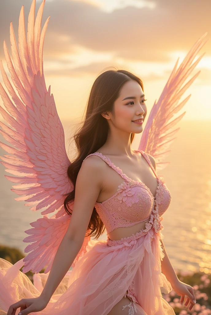 (highest quality,8K,High resolution:1.2),(beautiful realistic asian:1.5)、(cute japanese girl:1.4),(huge breasts:1.26),(glamorous:1.4)、feather、messenger of god、Flight 、artistic background、spiral、Spiritual Light、heavenly realm、sacred place、sexy pose、realm of divine spirits、Professionalism、(beautiful paintings:1.5), a ray of light、aura、Awesome people々、treasure、(fruit、summer)、above the clouds、masterpiece、