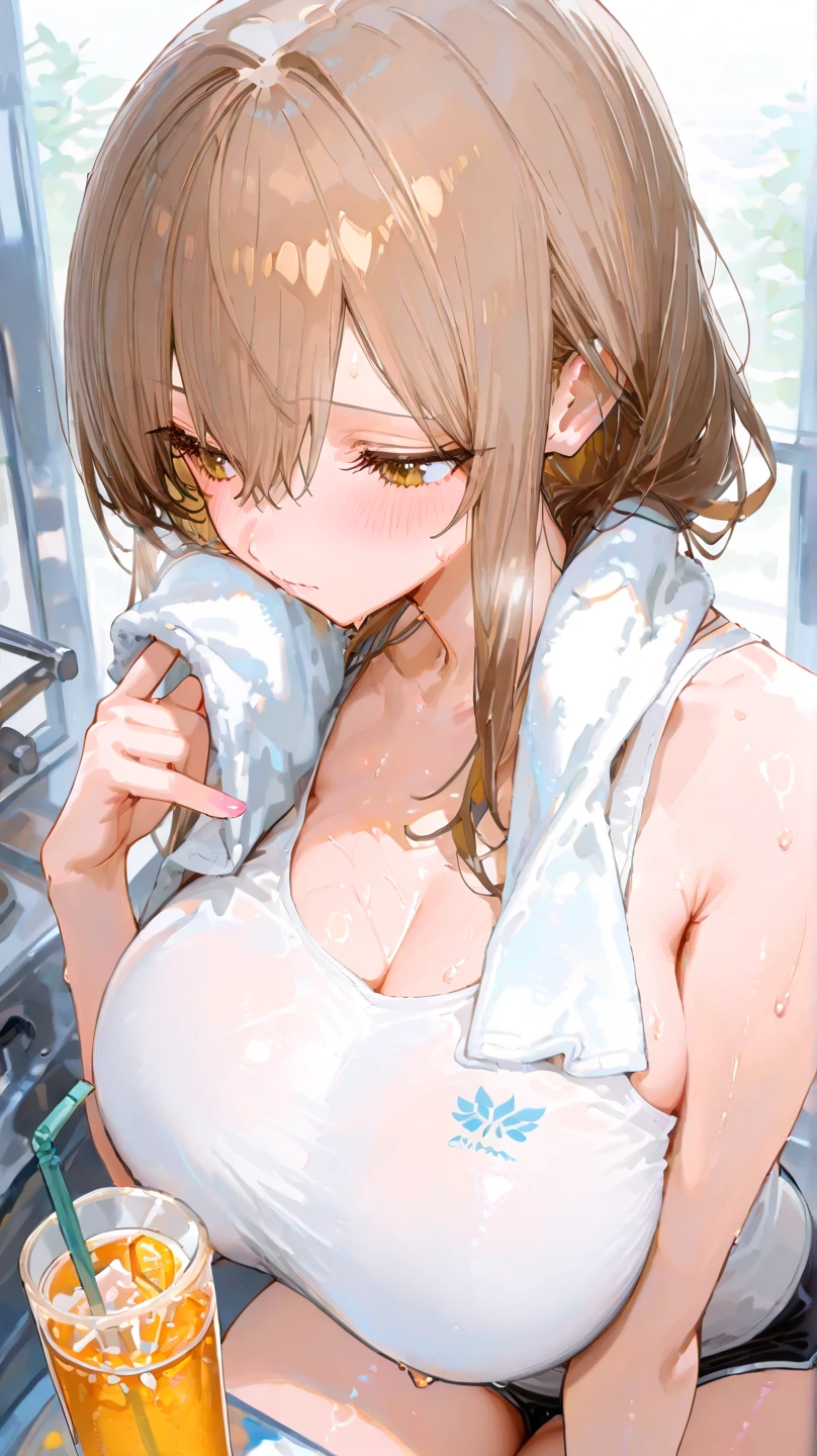 1girl, solo, nsfw,, SHIINAKOKOMI, brown hair, (Medium hair, shoulder length hair:1.5) brown hair, BROWN EYES,, empty eyes, large breasts, nipple, Conveyor belt sushi restaurant, frozen, (Sweating profusely, Love juice, Wet Woman, female ejaculation) crying, Naked, (1girl) Peeing, lactation, projectile lactation