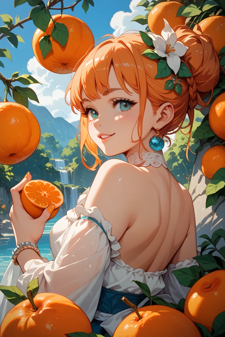 Style-Sylvamagic, Award-winning character concept art of beautiful dryad sitting on citrus tree, In a beautiful orange citrus grove, Citrus fruits of the tree, Amazing body, Smiling, Happy, Laughing, delight, Light blue hair, Golden horn, Beautiful Gossamer See-Through Dress, Blurry_Background, breasts, Smile, Voluptuous, Natural lighting, Medium_breasts, Lips, up looking_で_viewer, Solo, From above, Highly detailed 8K character concept portrait studio lighting, Sunlight, Beautiful lighting,