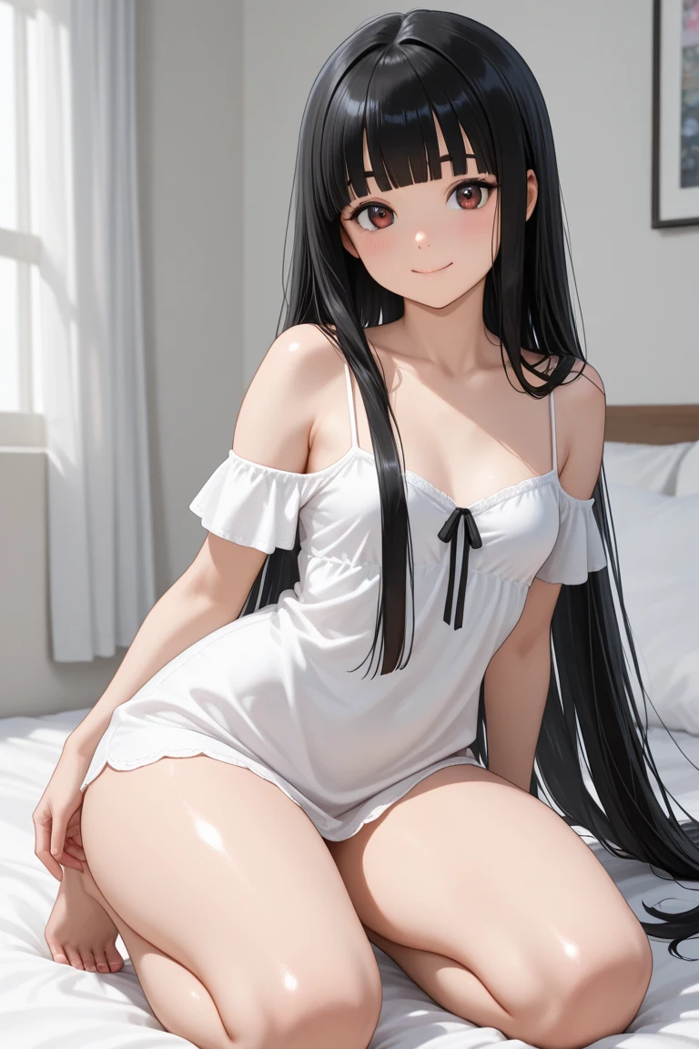 A woman with big ,Black long hair,twintails,Exquisite,Red ribbon,sleeveless,(transparent),Loose collar,Protruding lower chest,Slim waist,blush,bedroom,