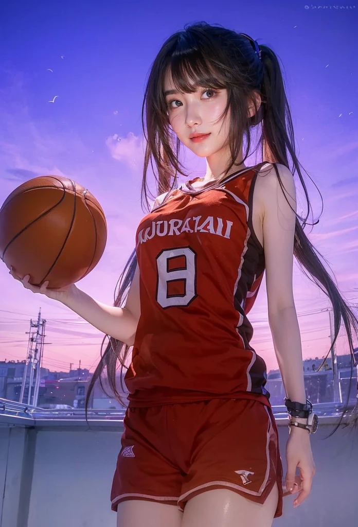 Masterpiece: 1.2, Best Quality), Realism, (Real Pictures, Intricate Details, Depth of Field), (1girl, Solo), Makeup, Lips Apart, High Detail, Perfect Face, (Huge Breasts: 1.4), (Skindentation), ( Long Legs)), Wide Buttocks, Thin Waist, Tall, Coral Lips, Long Hair, Dark Eyes, ((Girl Playing Basketball, Haruko Akagi, Red Basketball Suit)), (Sweating: 1.2), (Wet), Sexy, Blush,