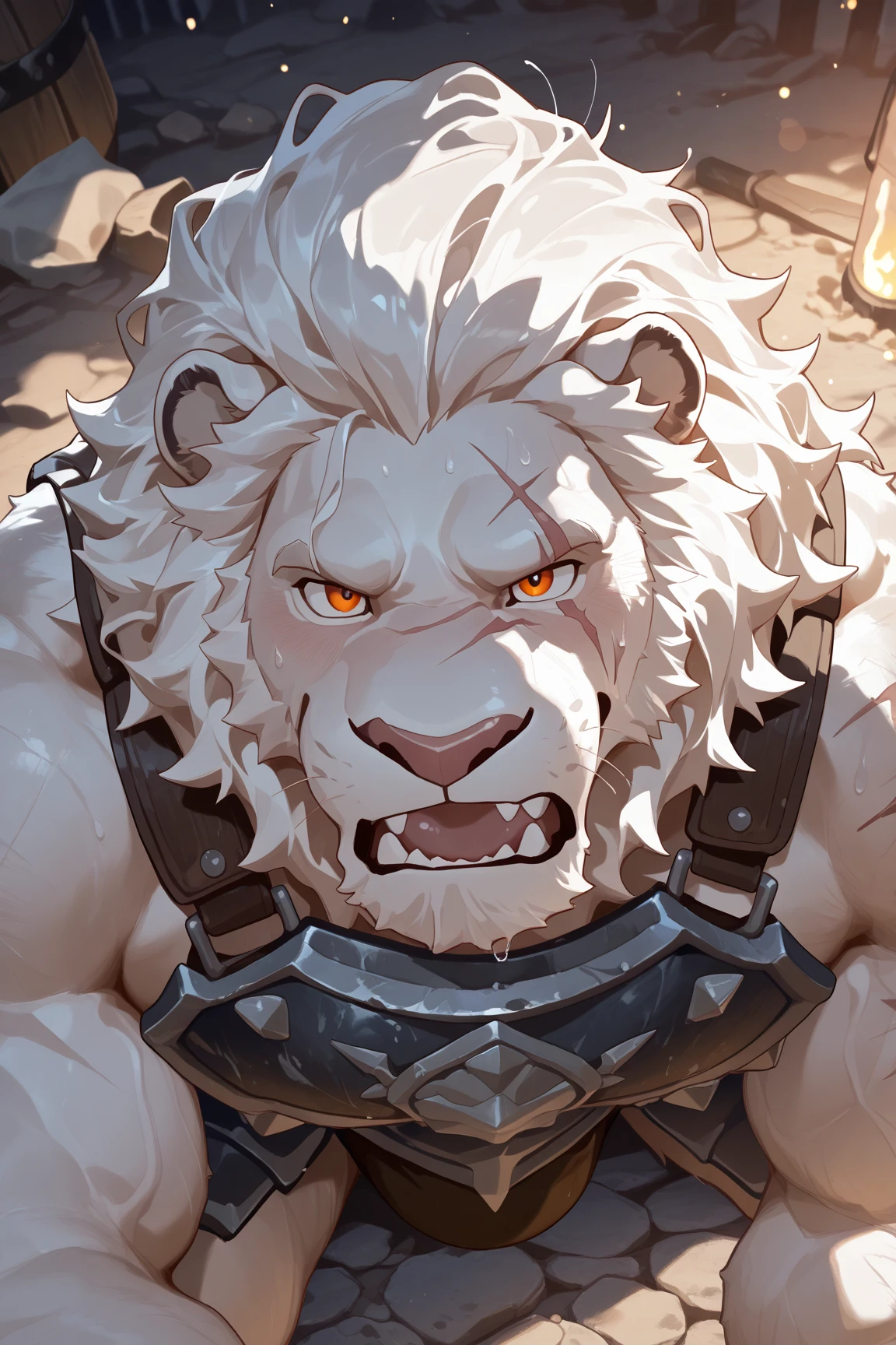 white lion,male,Adults,Solitary,4K,The best product,Looking at the audience,White fur,,Bare chest,Topless,,Lion's tail,Chest muscles,Pink nipples, Six-pack abs, Biceps, Anatomically correct,Delicate fur,pride,Soft shadows,Majestic and detailed face,High quality eyes,blue eyes,Orange eyes,Sharp eyes,Grandiose,brave,black leather shorts,harness,Wear an eye patch over the right eye,Confident smile,Strong,Mature,Blue sky and white clouds,The sun shines,jungle