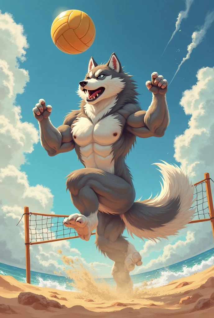 a male furry sea lion who is only wearing short shorts, has his body uncovered and is in a volleyball stadium as he is playing.  He wears a necklace with a K pendant