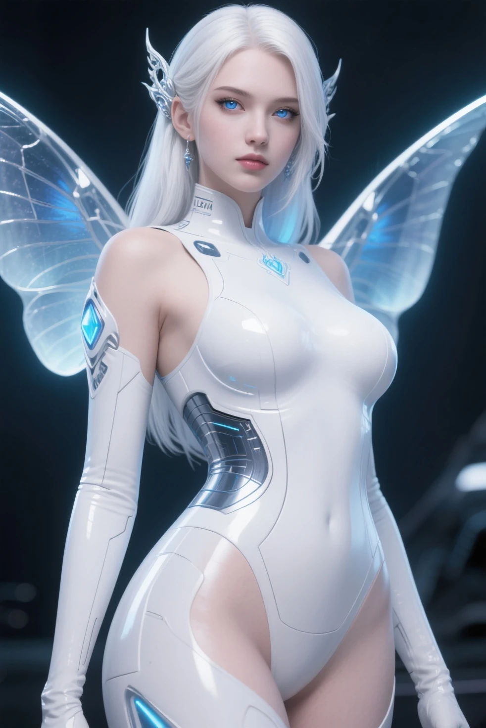 Best quality,Super Fine,Ultra-realistic,Futuristic costume design,Design implies flexibility,Monochromatic color scheme emanates tranquility,Surface reflects light softly,Minimalism,Simple and powerful feminine beauty,,helllady,Xill,modernism,Feminine Elements in Visual Art,Fusion of advanced technology and nature,Photorealistic rendering,1 girl,full-body shot,White Network Rabbit Ears Girl,Cyberpunk Kimono,translucent,Smooth fabric,Low-rise black leggings,Transparent Kimono Top,Monochromatic color palette,Fashion lines,Futuristic decoration,high-tech accessories,Minimalism Design,Fusion,Bold and simple,Serene expression,Cybernetic enhancement,Striking elegance,Short gray hair,Make her blue eyes shine brighter,Well-defined facial lines,Highlighting her radiant fair skin,(In concrete buildings,Realistic black shadows),Incredibly slim waist,Upward and center-pointing erect nipples,Large round breasts,Exudes sculptural beauty,Looking at the audience