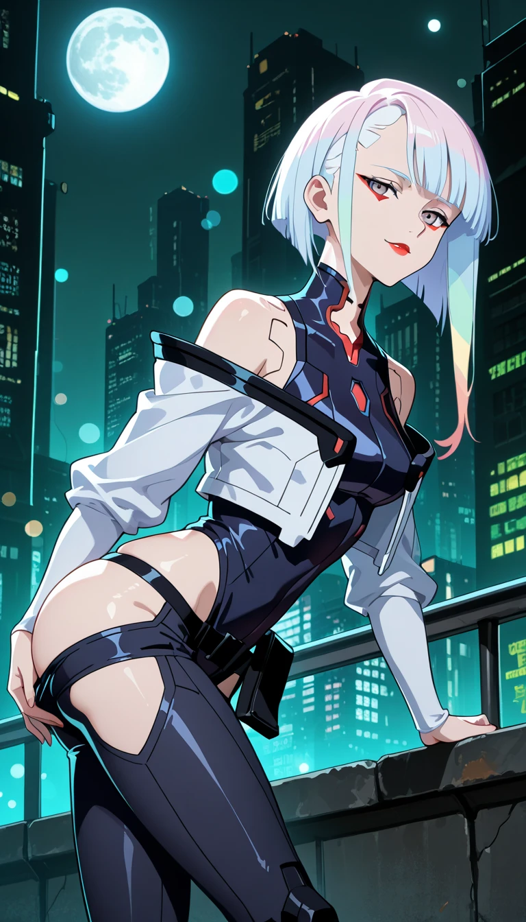 cleavage,Portrait Of Girl, Face close to the camera, the night, Kneeling, Nudie, , Erotica, Romantic, closeup face (very detailed eyes, Lips 1.1), Face close, extends his hand to the viewer, gloomy composition, gloomy background, Room, Very detailed. stands on the edge of the roof, gloomy atmosphere, very detailed eyes, grey-blue eyes, Beautiful figure, Ruins, ruined city, very detailed eyes, facing the viewer, Beautiful figure (Proper Anatopy 1.1.), in full height (Body Full 1.1), Slim, Slender figure, shapely legs, Anime style, 2B from the anime NierAutomato, white colored hair, Bob hairstyle, Cutouts on the shoulders, Cutouts on the chest, Neckline at the waist, black stockings, Black Short Skirt, Very detailed face, Very beautiful face, in full height (Body Full 1.1), small elastic breasts, Beautiful slim figure, femininity,tmasterpiece,beste-Qualit,higly detailed,8K resolution, High Sharp, 8K resolution, higly detailed, 8K UHD, Professional lighting,a perfect face, detailed face and body, ray traced, expressive look,elastic small breasts, Heightened sexuality,