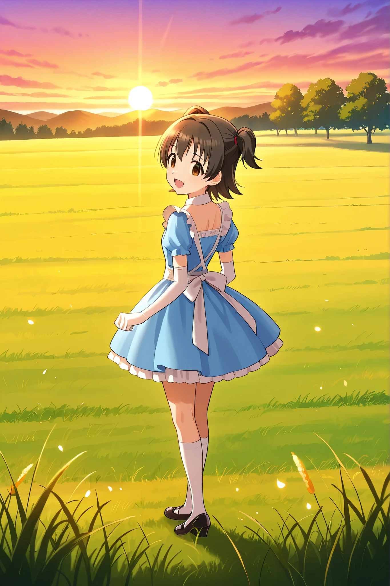 (score_9:0.9),score_8_up,score_7_up,negative_hand, realistic,Akagi_Miria_Cinderella, short hair, black hair, brown eyes, two side up, hair ween eyes , lovely small breasts , alice dress, alice in wonderland dress, over elbow glove, 1girl, solo, , full body, whole body view, open mouth, high s, anime source, anime screencap, base on anime, far view, outdoor, back view, looking back, sunset, meadow, standing, silhouette