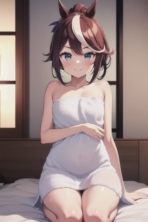 masterpiece, high resolution, illustration, kyoto animation style, your name is movie style, night, midnight, gentle light, bewitching light, (1 woman: 1.3), (solo: 1.4), long eyelashes, short bob, nose_blush, open_mouth, futon, nude, nude, towel, chilarism, dynamic perspective, perspective, bokeh, depth_of_field, from_ below