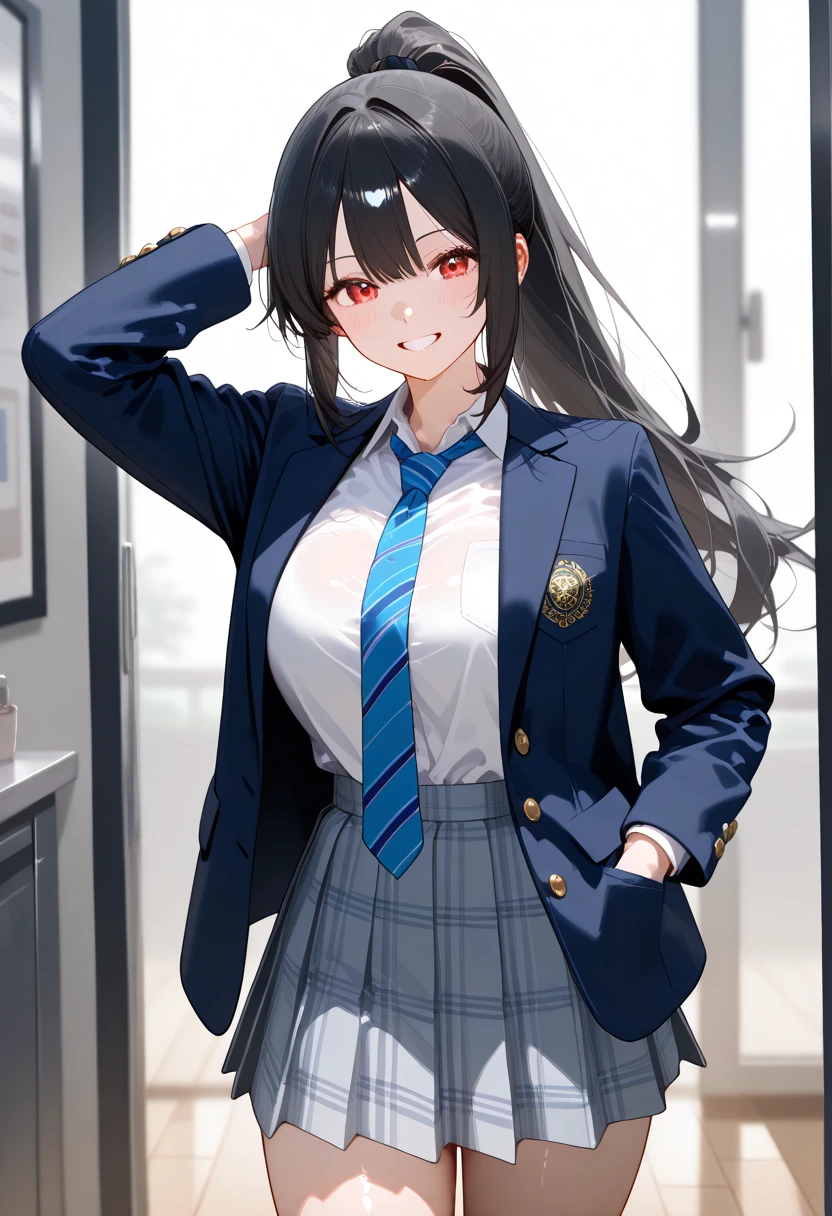 8k, highest quality, real image, intricate details, Super detailed, ultra high resolution, depth field,(realistic,realistic:1.2), (crying face:1.2), from front, 1 Japanese girl, very beautiful 17 year old girl, (beautiful breasts:1.5, highly detailed eyes:1.2), (beautiful breasts:1.1), (small breasts:1.5), wavy hair、curly hair、bangs, perfect skin, Fair skin, huge hips, thick thighs, thick legs, tight waist, alone, looking at the viewer, (School_uniform),(dark blue blazer), (white shirt、wear a tie), (gray pleated skirt), (sculpture installation :1.1)