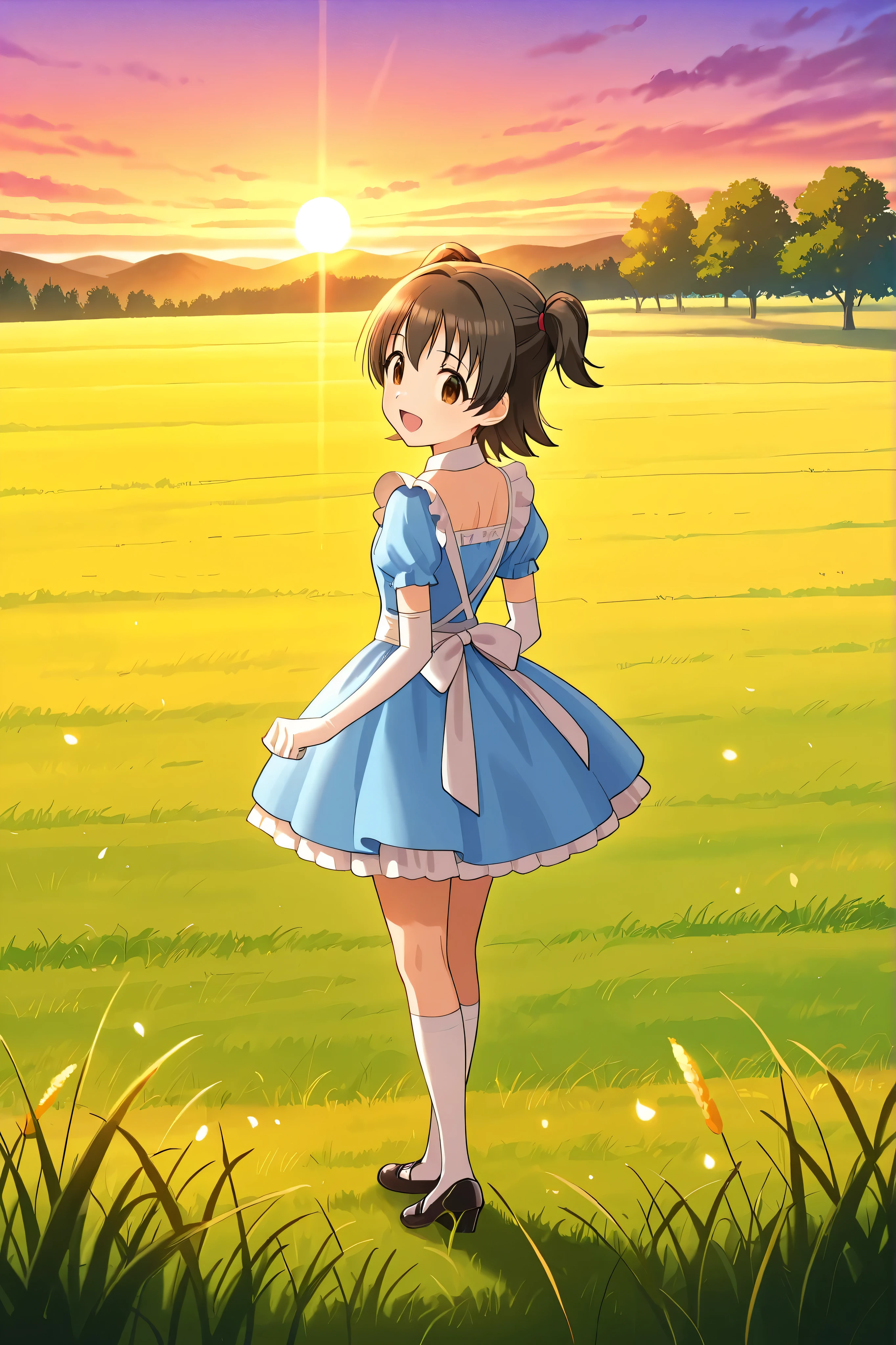 (score_9:0.9),score_8_up,score_7_up,negative_hand, realistic,Akagi_Miria_Cinderella, short hair, black hair, brown eyes, two side up, hair ween eyes , lovely small breasts , alice dress, alice in wonderland dress, over elbow glove, 1girl, solo, , full body, whole body view, open mouth, high s, anime source, anime screencap, base on anime, far view, outdoor, back view, looking back, sunset, meadow, standing, silhouette