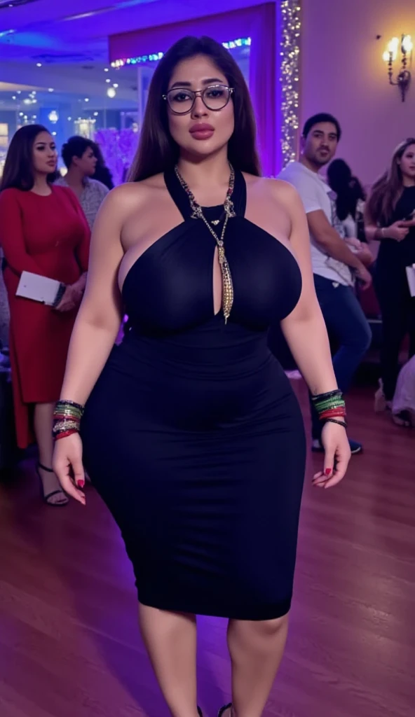 High quality, highest resolution, best quality, masterpiece, smooth, (super curvaceous), (super voluptuous), obese, saggy breasts, VR, screaming, shrugging, tight dress, sitting on a chair, surrounded by a crowd,