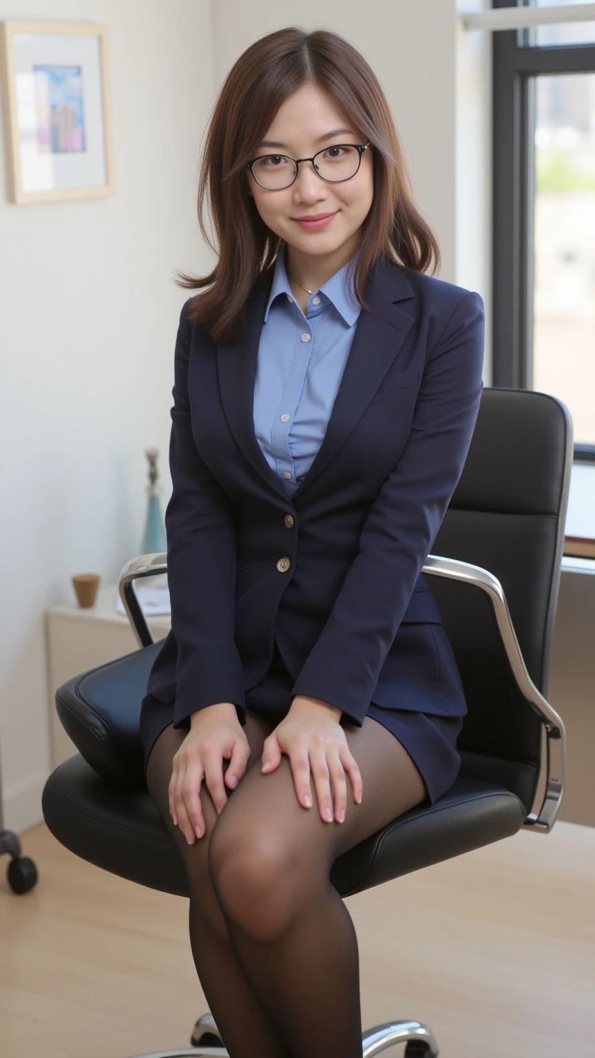 Best Quality, Mastepiece, Photorealistic, It is high resolution., 8k Raw photo,Solo, 1girl, 30 years old、sitting in a school classroom、smile、gentlemen、pink business suit、skirt、High heels