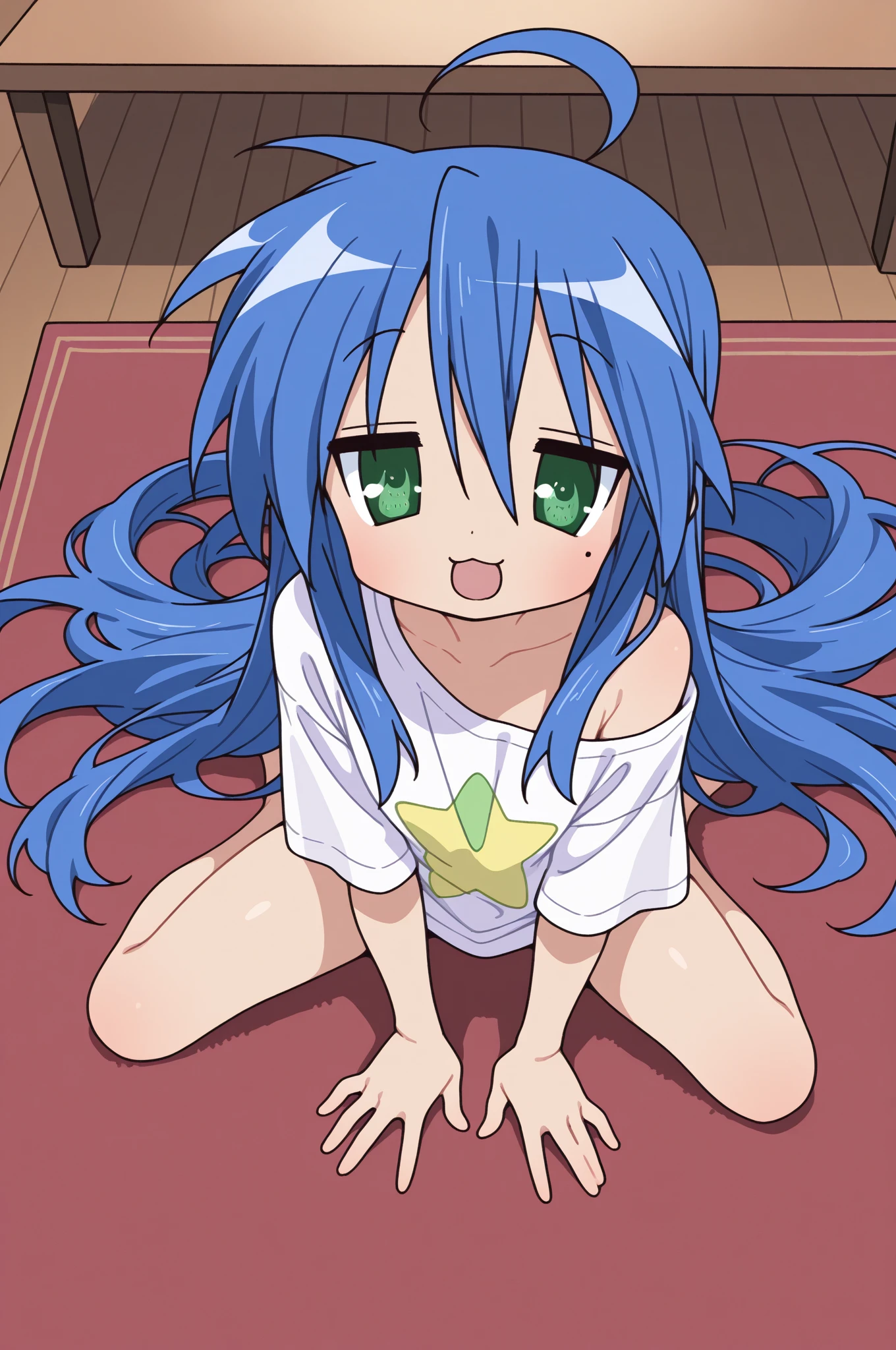 masterpiece, best quality, wallpaper, 1girl, solo, looking at viewer , rimuru_tempest, blue hair, yellow eyes, long hair, ((small breast)), ((((spreading pussy)))), nipples, ((town square)), park, sitting, perfect face, detiled eyes, grin, ((pussy)), raised eyebrows, crowd, nude