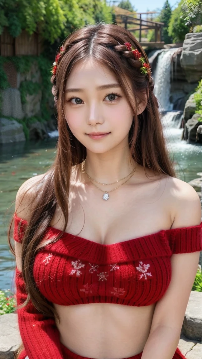 tre anatomically correct,Masterpiece of,High image quality,(Red costume),(Cute Santa Claus costumes:1.5,off-the-shoulder top),(Random posture:1.4),Professional Lighting,The ultra-detailliert,High quality textures,High quality shadows,depth of fields,Ray traching,Christmasツリー, Christmas,Fun atmosphere,Twinkling lights,Cozy,romantic,Cheerful,Warmth,Happiness,Magical,Holiday spirit, Ultra-realistic capture, Highly detailed, 人間の皮膚のhight resolution16kクローズアップ,Skin texture must be natural, Detailed enough to finely identify pores. Skin should look healthy, In a uniform tone,(Best Quality,4K,8K,hight resolution,masutepiece:1.2),Ultra-detailed,extremely detailed eye and face,Beautiful detailed eyes,Beautiful detailed lips,long eyelashes,(Realistic),Photorealistic:1.37,japanes,fine-grained white skin,beautiful and magnificent composition,masutepiece,Attractive,Cute,Silky smooth and straight hair,Sharp Focus,(Emphasize the cleavage),(healthy thigh body photo),(Full-body photography from a distance:1.4),((Silver hair color)), 背後に大きなChristmasツリーがあります,(((I'm embarrassed))),