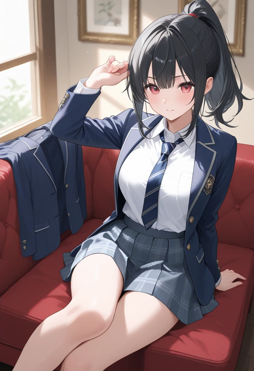 finest, masterpiece, High resolution, (Full body view from head to toe), Composition from slightly below the front, Symmetrical, 18 years old, slim and beautiful girl, alone, (small breasts), (not wearing shoes),Unkempt brown hair, bangs, (black tights), (black pantyhose), tied up with both arms hidden behind the back, , blush, shy big eyes, looking at camera, blazer uniform, plaid pleated skirt、Panties around ankles、Black knee-high socks、Spread your legs、Exposing the breasts、Bare your breasts、Panties around ankles