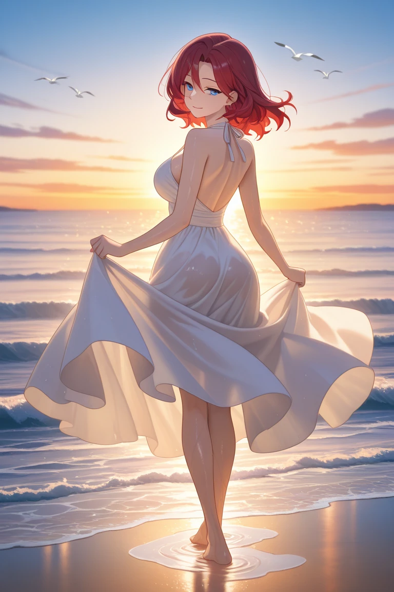 ((ultra detailed, masterpiece, absurdres))
KHKairi, 1girl, solo, red hair, blue eyes, Standing on a cliff by the sea, the sunset in the background, full body, with hands on hips