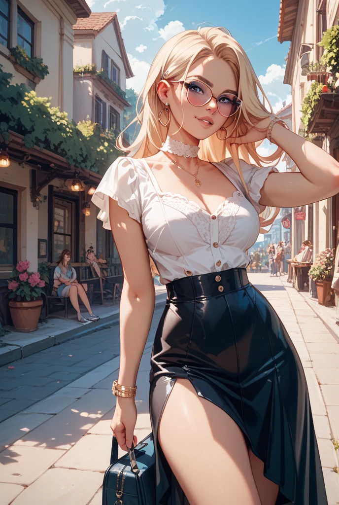 (masterpiece),(Best quality:1),(ultra high resolution:1),wallpaper, detailed illustration, detailed beautiful skin, 1 girl, One, bikini, Round glasses, sexual, Big breasts, Plaid miniskirt, London in the background