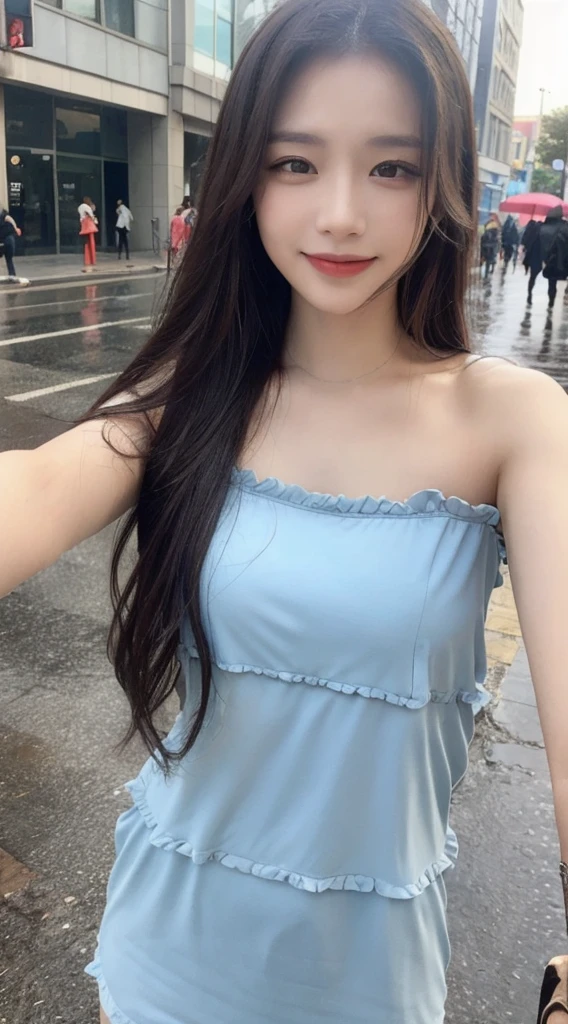 ((Best Quality, 8K, Masterpiece:1.3)), Focus: 1.2, Perfect Body Beauty: 1.4, Buttocks: 1.2, ((Layered Haircut, Breasts: 1.2)), (Wet Clothes: 1.1), (Rain, Street:1.3), Bandeau Dress: 1.1, Highly Detailed Face and Skin Texture, Fine Eyes, Double Eyelids, Whitening Skin, Long Hair, (Shut Up: 1.3), Smile