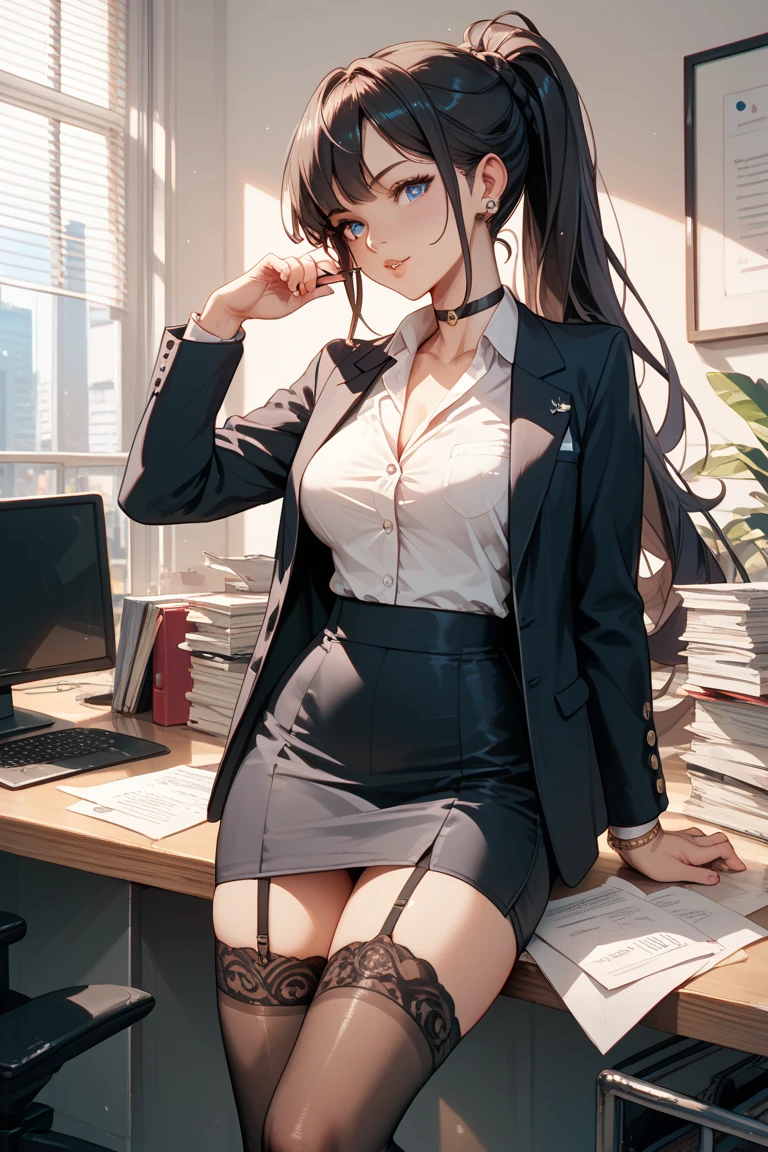 Secretary, One girl, large brown eyes framed by thick lashes, full lips that often seem to be slightly parted in anticipation or desire, and straight brownhair that falls just below her shoulders, very shortblack miniskirt, tight fitting white shirt, black patent leather pumps, thong, stockings, in the office, working