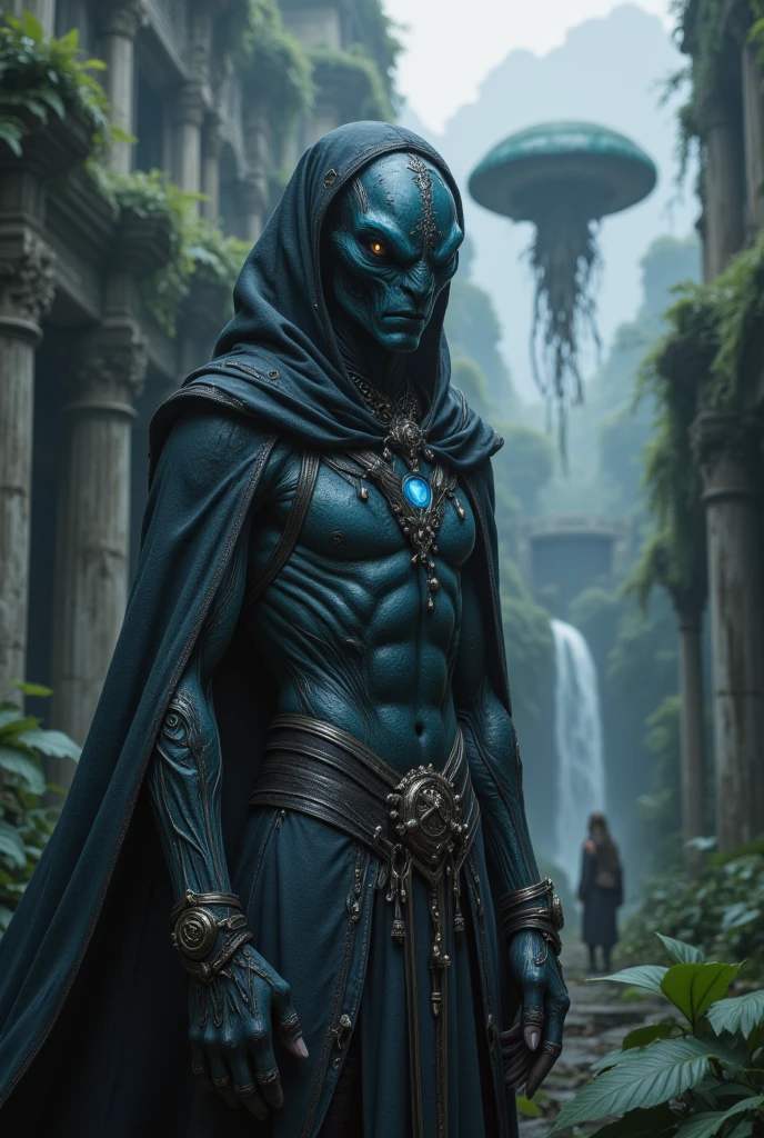 Being fantastic beautiful male bright cyan color, with textures on the skin, long legs and arms, with a beautiful but not human face.