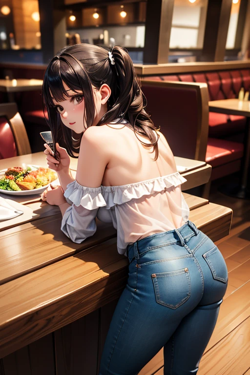 decoration, wears a ruffled shirt,  shoulders, denim pants, long pants, sentdecoration, food table, in the restaurant, pov enamordecoration, ultra-quality, high detail costume, best quality, detailed image, (resolution 8k).