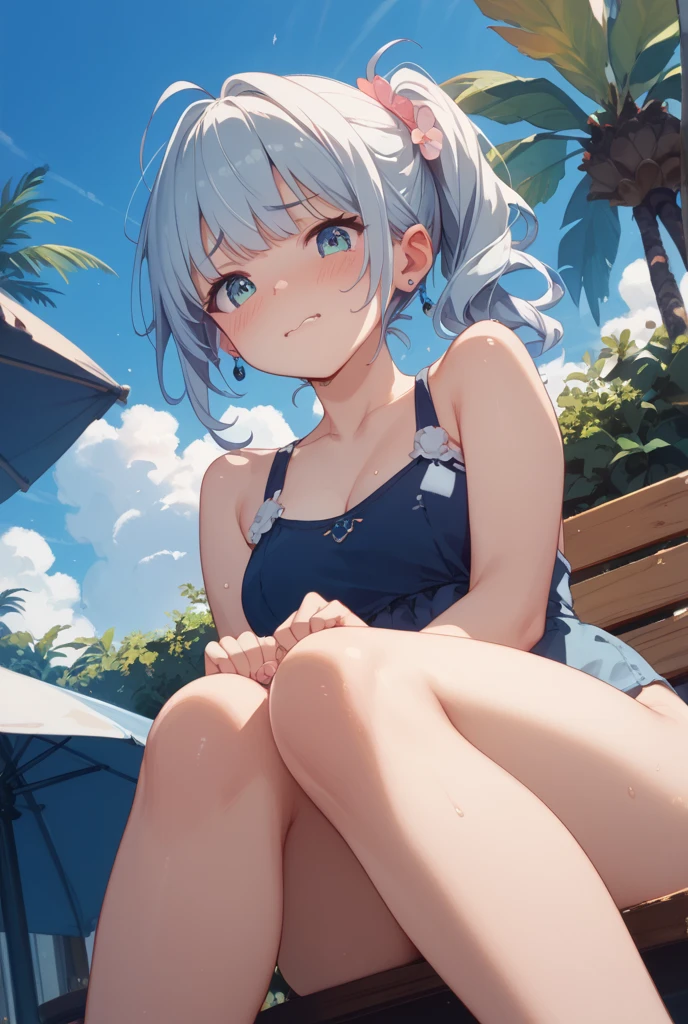 ((Gawr gura)), ((Masterpiece)), (highly saturated), from below, (High Definition:1.3), (Professional Photography:1.2), (flat body), (flat chest), ahoge, messy hair, (blush, very naughty laugh face), bright, 1girl, sportswear, solo, bare_feet, (exposed armpit), (legs outstretched), sit on the ground