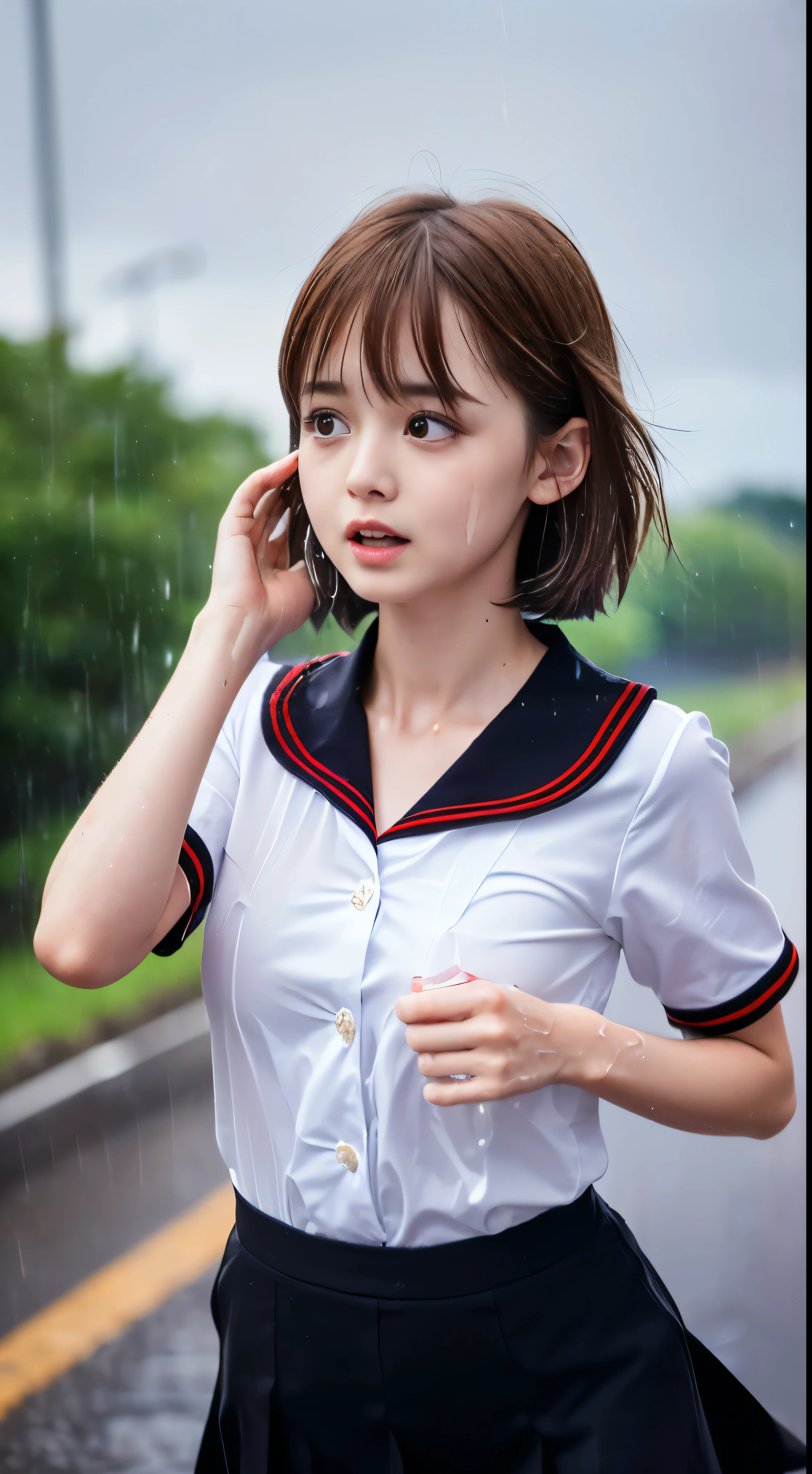 (Close-up face shot of a slender small-breasted round face brown short hair with bangs girl in a wet white school shirt and black skirt :1.5)、(A girl is running on a rural town road in Japan with crying face and her hair and face are drenched in the rain:1.5)、(The nipples visible under shirt:1.5)、(Heavy raining day:1.5)、(blurred background:1.5)、(perfect anatomy:1.5)、(Photorealistic:1.5)、(Raw photo:1.3)、(highest quality:1.5)、(High resolution:1.3)、(Delicate and beautiful perfect face:1.3)、(Delicate and beautiful eye air skin:1.3)、(Real Human Skin:1.3)、((thin legs))