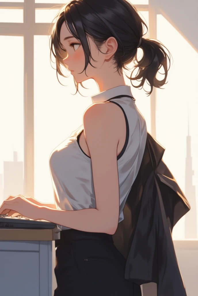 A beautiful female college student, screen in front of window, Overlooking the city projected on the screen, cafe, window behind white desk, city view, overlooking the cityscape, notebook, Holding a pen in one hand, glasses, black hair, midsummer loungewear, cool clothes, ((skin under one armpit)), ((flank skin)), intellectual atmosphere, dark lighting, knowledge, scholarship, study tools, enthusiasm, calm environment, taking notes, enthusiasm, immersion, inquisitiveness, research, concentration, sense of accomplishment, pursuit of knowledge, academic pursuit, academic inquisitiveness, cinematic lighting, Sony FE GM, masterpiece, top quality, 4K, academic atmosphere, (masterpiece), (best quality), ultra-high res, sharp focus, beautiful detailed hair