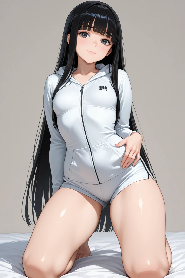 ((32k)), ((best quality)), ((ultra high res)), ((HDR)), ((UHD)), ((extremely detailed CG)), ((unity 32k wallpaper)), (1girl), ((18 years old)), (ideal ratio body proportions), very long hair, looking at viewer, blush, embarrassed, bangs, thighhighs, bow, cleavage, (((white competition swimsuit))), ((medium breasts)), closed mouth, (black hair), grey eyes, sitting, (morning), ((from front)), ((from below)), (nsfw), (((Spread your legs wide))), sea side, 
