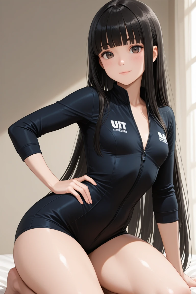 Honor student,Beautiful black hair,long hair,(Straight Hair),high school girl,(boyish),Dark Eyes,(Muscular),(tall),(Slim body),((A confident smile)),Medium Bust,Gold earrings,(((School Swimsuit))),Outdoor,Pool