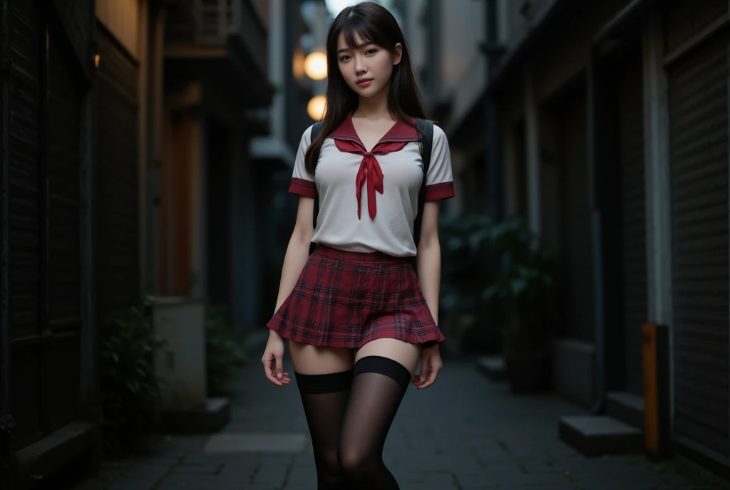 1 woman、(very beautiful)、(beautiful face:1.5)、(stand:1.4)、(Shot from the knee)、(detailed face:1.5)、(eye for detail:1.2)、(detailed lips:1.2)、(detailed nose:1.2)、(Lift up your skirt and expose your panties.:1.8)、(high school :1.5)、(plaid skirt:1.3)、(White transparent panties:1.5)、(school sweater)、(assembly:1.1)、(bare legs)、(brown hair)、(Sidewalk in Shibuya)、(In SFW:1.7)、(night:1.4)