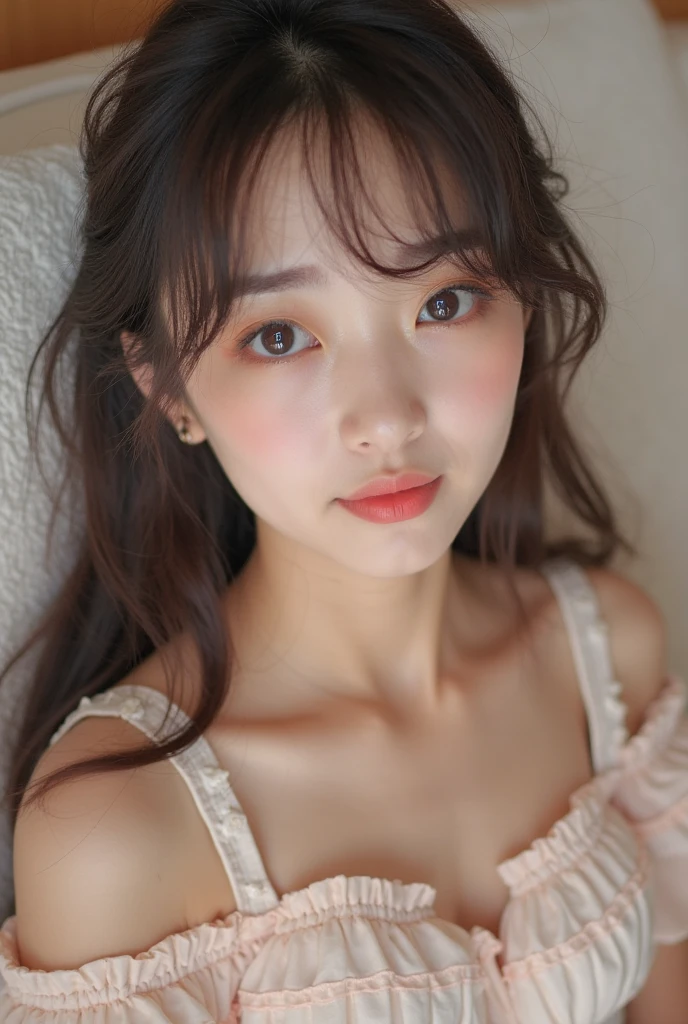((Highest quality)), ((masterpiece)), (More Info1 Girl, Sexy shot, 4K,extremely cute、Idol-level cute face、Well-formed face、Marugao、Long, narrow, large and delicate eyes、、LOFI Image、Best shot、The best smile、smile、Female Japan 25 years old、Off-the-shoulder shirt、Golden ratio of face、balance、Real Body、BBW、Plump、No makeup、Girl sitting on bed、calisthenics、Ultra Angle、Hair clip、Long Hair、Full of sex appeal、Smooth hair