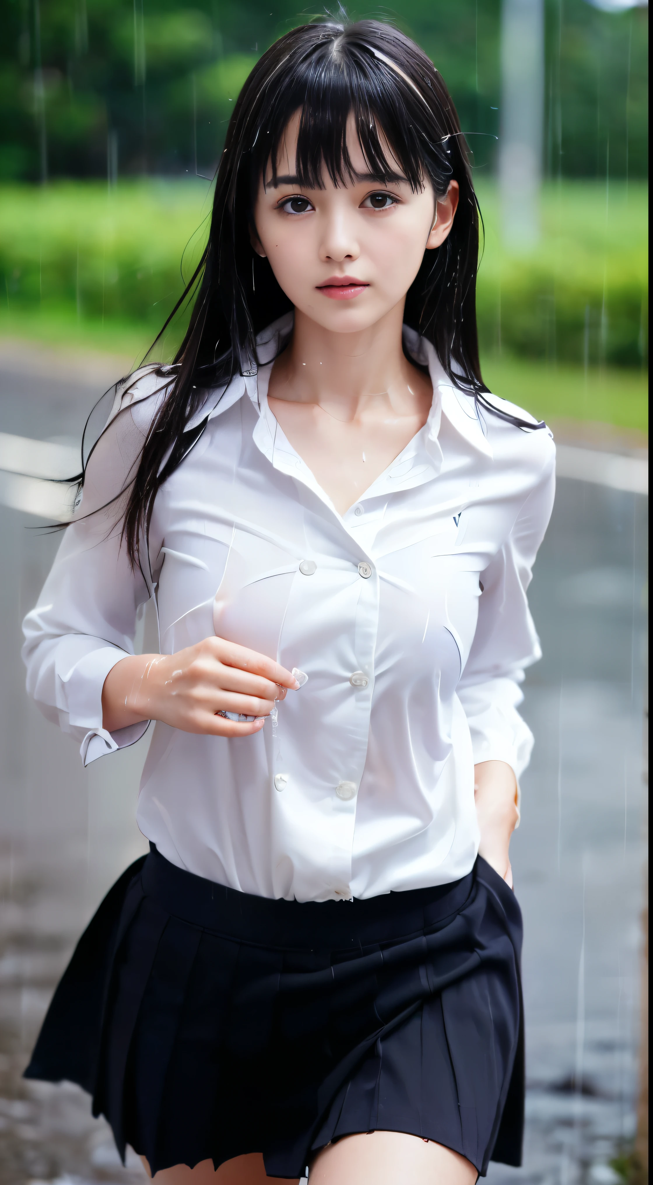 ((Top Quality, 8K, Masterpiece: 1.3)), (high detail: 1 in 1), (Focus on face),buttocks: 1.2, (Perfect Body Beauty: 1.4), ((Layered Haircut, Chest: 1.4)), (Rain:1.6), (in Street), (Wearing a (wet:1.4) white school Uniform with miniskirt and Loose Tie), Very detailed face and skin texture, narrow eyes, double eyelids, whitening skin, long hair, (Shut up: 1.3), smile,extra, real photo, psd, lamp film photography, sharp focus, contrast lighting, detailed skin, high resolution 8k, crazy detail, realistic, professional photography, 8k uhd, SLR camera, soft lighting, high quality, film grain, fujifilm XT3,