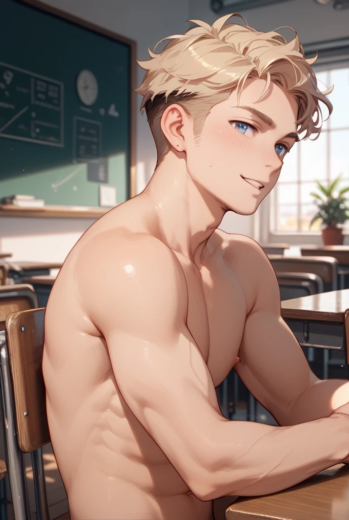Absurdres masterpiece HDR high quality picture of Handsome boy , handsome face, detailed face, grey hair , very Short hair, ((messy cut hair style:1 )) , anime eyes, light skin , ((muscular:1)),masculine ,age 18 ,
Wearing a school varsity, topless , sitting comfortably on chair in boys locker room, beautiful background, masterpiece scenery