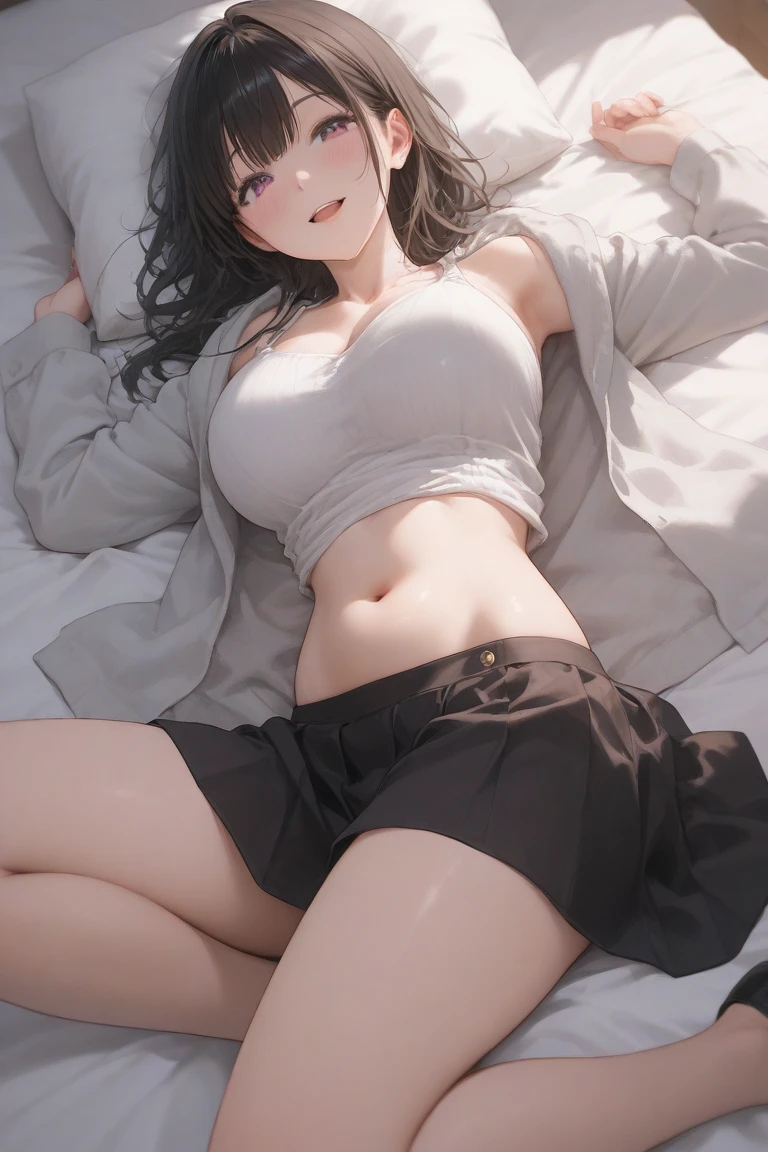 cute sexi girl, ((open legs)) highly detailed, ((very detailed face)), extremely detailed 8k unified CG wallpaper, highly detailed, raw color photos, professional photography, Realistic, (beautiful medium breasts, cleavage, beautiful nipples visible), (high with open chest:1.6), (Looking at viewer, embarrassed:1.6, embarrassed expression:1.45, sleepy eyes:1.2, shy, nervous), pleated up skirt, bedroom, From above lying on back, head on a pillow, cameltoe