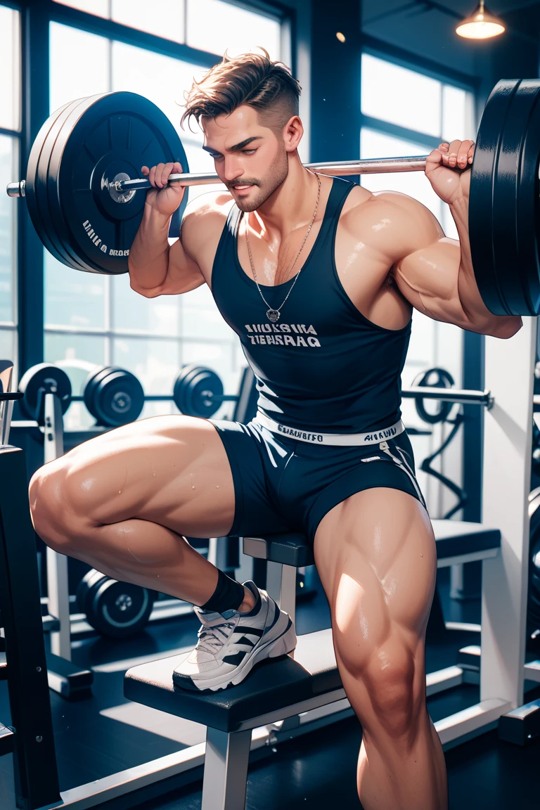 side view, full body one young bodybuilder Pierre gasly, undercut short brown hair, , over-muscled,wearing black shiny spandex shirt disproportionately over-inflated muscles,black shiny spandex shorts showing off massive legs, Nike Jordan black and gold hitop sneakers, black Nike thin socks, silver chunky chains, bracelets, big silver rings, massive silver watch, lying on all fours on the ground sniffing the floor, in gym, other guys in various gym outfits busy on various weight machines behind