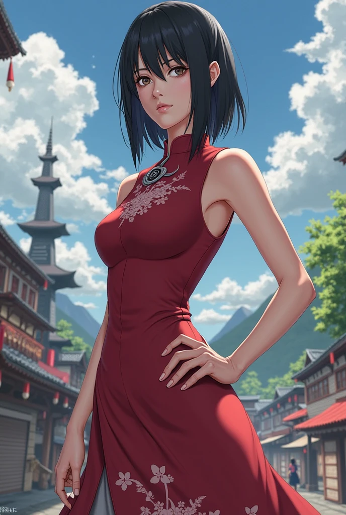 1girl, solo, ninja, forest, trees, pagoda, Japan, medieval, ((black hair)), ponytail, large breasts, ((black shirt)), ((unbuttoned shirt)), unbuttoning buttons, popping buttons, ((short sleeved shirt)), cleavage 1:3, purple eyes, ((black shorts)), grin, standng, hair ribbon, samurai sword, katana, looking at the viewer, fight