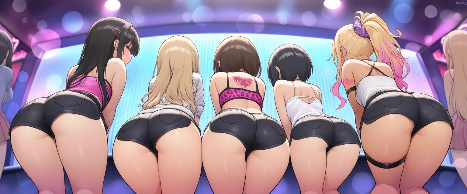 (((masterpiece, Highest quality, High resolution, 超High resolution, Perfect Pixel, Depth of written boundary, 4K, RTTX 10.0))), Beautiful Anime Woman, Beautiful art style, Anime characters, ((Smooth texture, Realistic texture, Anime CG Style)), Cinematic, Realistic, Extremely detailed CG, Daytime lighting, Perfect lighting, Best Shadow, The best natural light, ((Back view of five women wearing panties standing side by side, Only the butt:1.8)), (Sexy and cute shiny blue satin panties, Sexy and cute shiny red satin panties, Sexy and cute shiny white satin panties, Sexy and cute shiny light blue satin panties:1.3), (Stylish shiny satin panties, Side-tie full-back panties, Panties with lace trim:1.3), (Thin panties:1.3), naked, Ass in panties, Angle from directly behind, Close-up angle of the butt, Brown Hair, (Poolside, Resort Pool, Outdoor, blue sky:1.3)