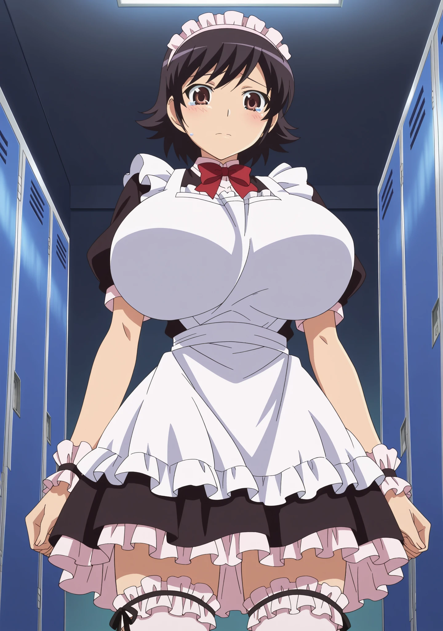 1girl, alone, yunyun,masterpiece,best quality, highres, red eyes, solo, braid, long hair, large breasts, hair ornament, black hair, hair bow, crown braid, brown hair, twintails, wedding dress, bridal veil, church, smile, perfect hands, perfect anatomy