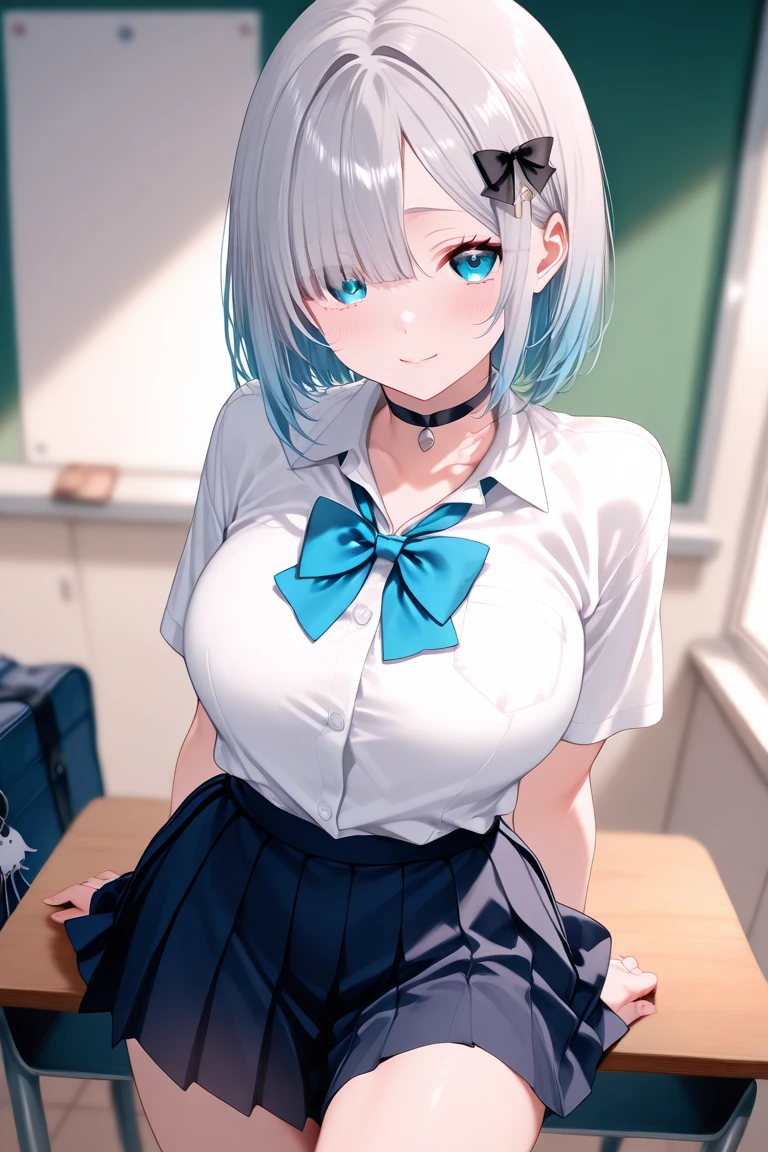 One girl with short messy hair, white hair, blue inner hair, looking at viewer, embarrassed, blushing, tears, indoor , bedroom, undress shirt, school uniform, white shirt, bowtie, pleated skirt , plaid mini skirt, mini skirt, bra, lace bra, shoulders, slim, dizzy, choker, mid-chest, wide hips, perfect waist, spread legs, day atmosphere, hair ornament, standing, spreads shirts, taking off clothes, bare shoulders , nude , (embarrassed:1.0)