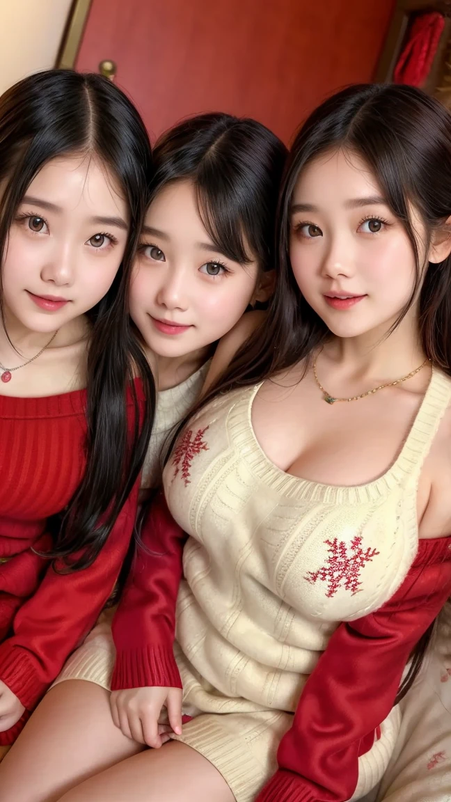 (beautifull lady wavy layer hair and her friend and her friend, (detail medium ponytail hair) with very large breast, pose in front of christmas tree, hand touch hair, armpit, wear (detail luxury santa costume), (bra from gift ribbon), ,(strapless bra), (show cleaveage), (show underboobs) , (show sideboobs), (show thigh), flower vase, (very large breast:1,9), christmas ornament background, detail christmas background, detail luxury floor, detail flower vase, detail luxury table, detail luxury gift , detail luxury lamp, beautifull face, pretty face, beautifull eyes, beautifull nose, sexy lips, polished nails, raytracing, nsfw, beautifull fingers, beautifull hands, sexy belly, sexy body, sexy shoulders, sexy legs, sexy hips, (bracelet), (hairpin), (ring), (necklace), (earring), black nails , blue eye,, nsfw, (4 fingers in 1 hand), white skin, full body picture, pretty makeup, blush, (boob stack), (lesbian), (perfect hand, perfect fingers