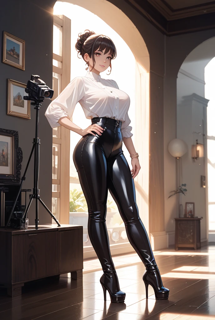 Live-action style
Single ponytail girl back gray leggings fat hips sitting position