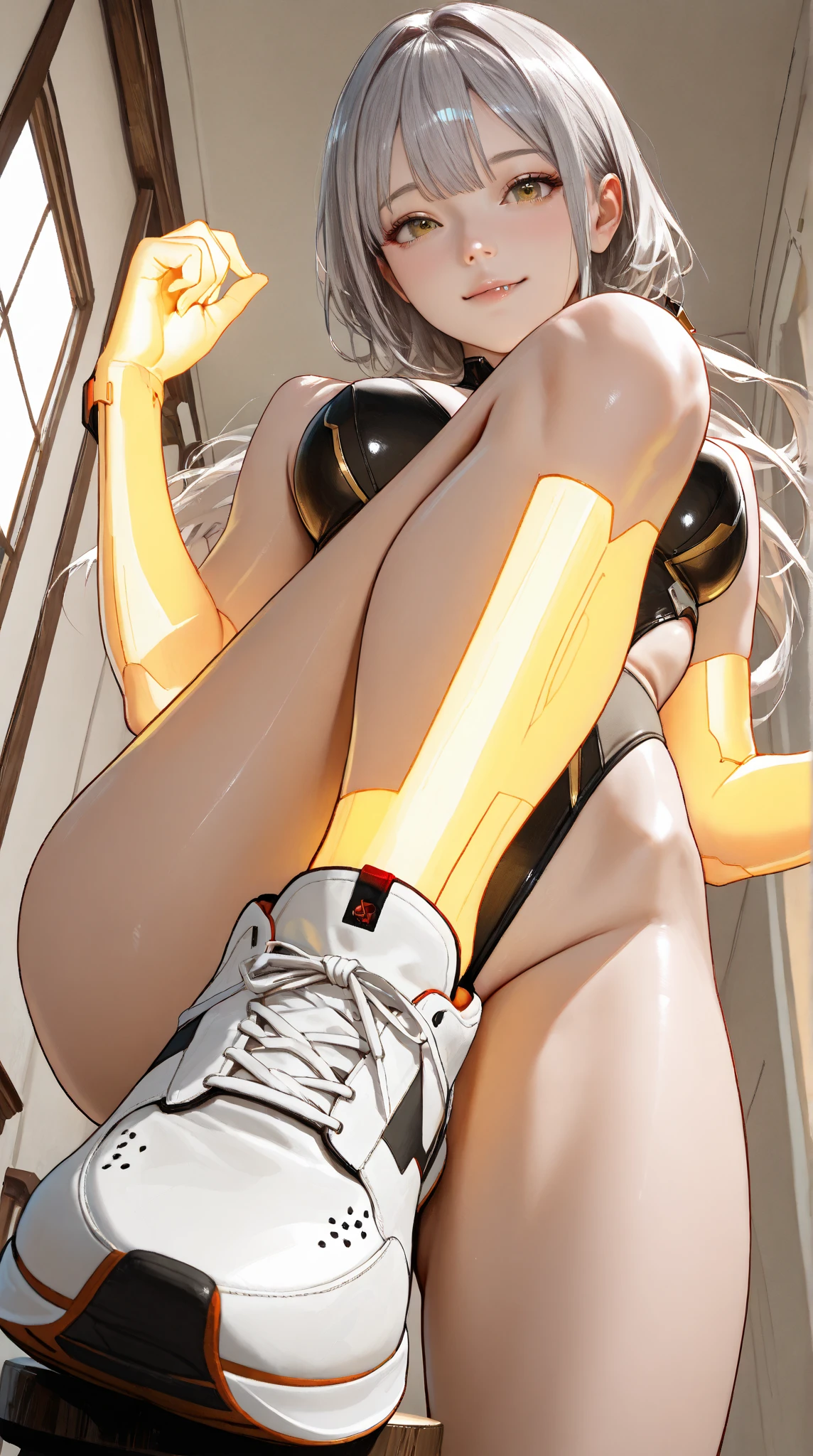A Female robot exposes her inside mechanical organ. spread legs, nude, banzai pose. she wears no dress. Her Brown very short pigtails is tied with two big red clothespins, masterpiece, mature, android, blue eyes, full body figure, Height: 160cm, flushed cheeks, Uplifting, No NSFW, whole body, barefoot, archaic smile, orgasm, sweat bucket.  no panties, full body shot, floating hair, looking away. cyborg made from rung to heaven. She leans arching her back hi-res position. lay in bed. (Sitting Girl、Summer Shirts,Unbutton、Lace panties, Full body portrait,(From below),Spread your legs、from the front、blush、