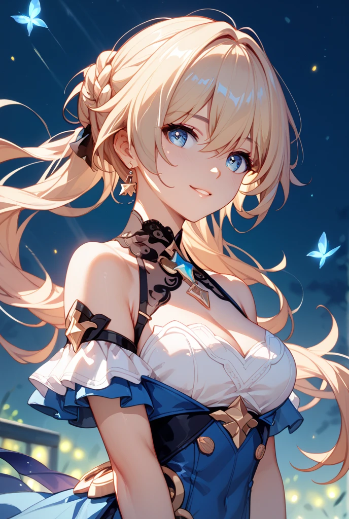 (masterpiece, best quality:1.2), 1 Girl, Solitary, blond, Blue hair band, 左边是Blue hair band, White blue bra, Black gloves, knight skirt, Gray background